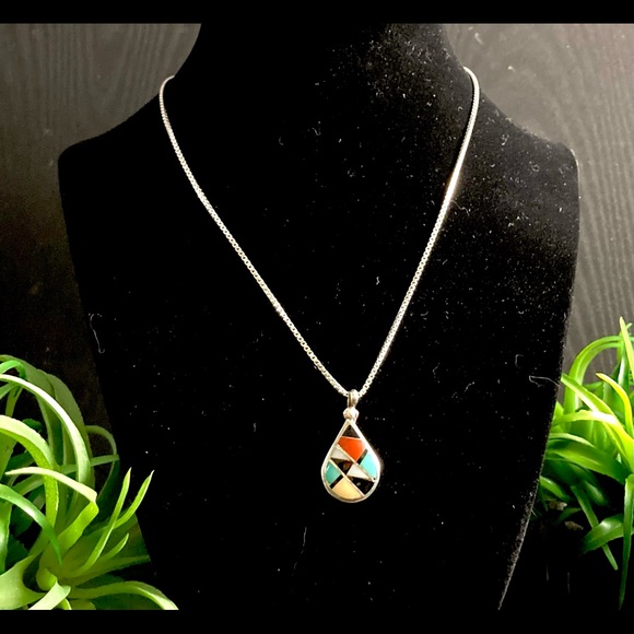 Signed Ralph Lillie Kallestewa RLK Sterling Silver Zuni Inlay Pendant Necklace - Picture 5 of 12